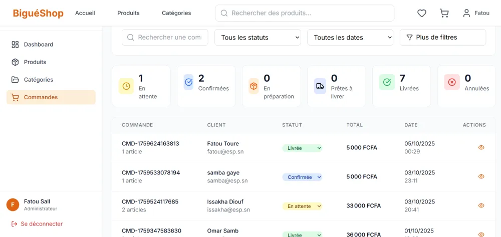 Conception d'un site e-commerce BigueShop avec design clair et tunnel optimisé.