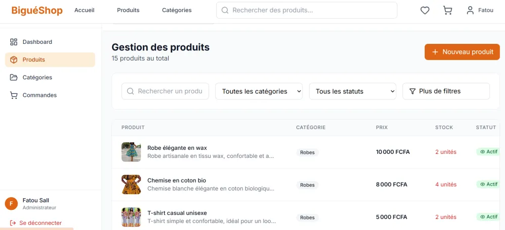 Conception d'un site e-commerce BigueShop avec design clair et tunnel optimisé.